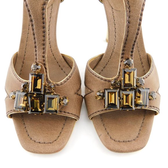 MIU MIU Crystal Gemstone Embellishment Brown T-strap Heel Pump Sandals 38.5 - Picture 4 of 9